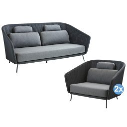 Mega loungeset 2-zits loungebank + 2 lounge fauteuils