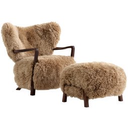 Wulff fauteuil & pouf walnoot onderstel sheepskin honey