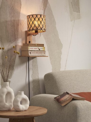 Java wandlamp met plank zwart/naturel